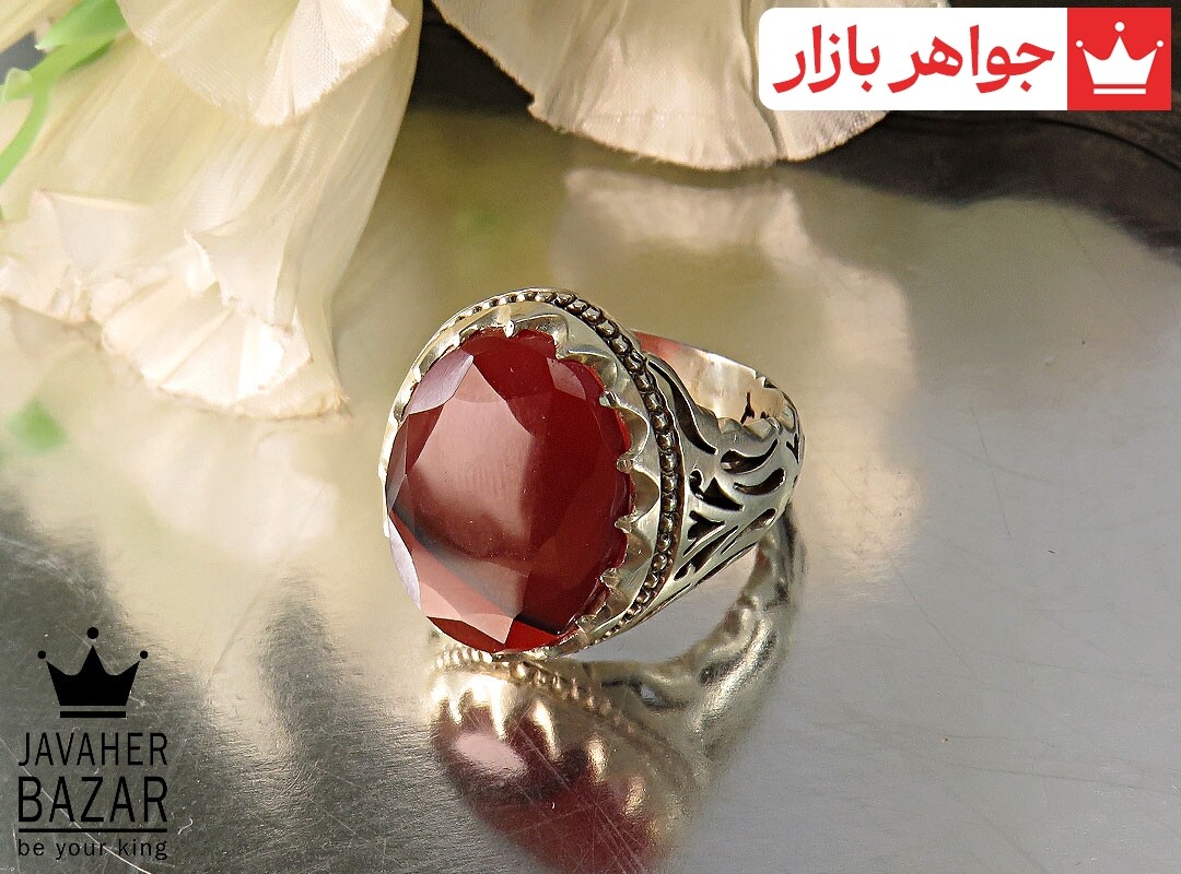 انگشتر نقره عقیق یمنی قرمز الماس تراش لوکس مردانه دست ساز