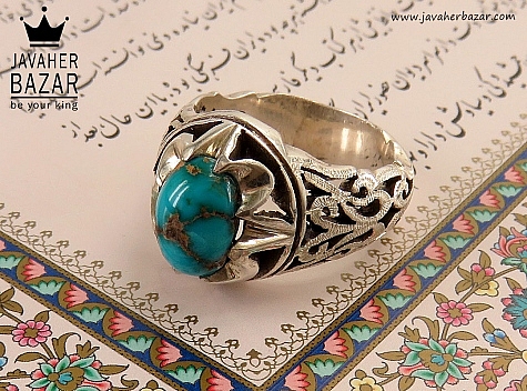 انگشتر نقره فیروزه نیشابوری شاهانه مردانه دست ساز - 34257