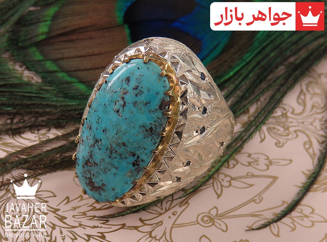 انگشتر نقره برنج فیروزه درشت اشرافی مردانه دست ساز