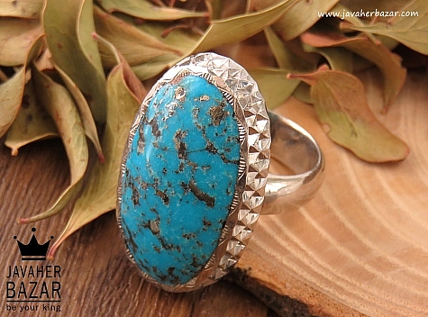 انگشتر نقره فیروزه کرمانی رنگ طبیعی درشت شاهانه مردانه دست ساز - 35518