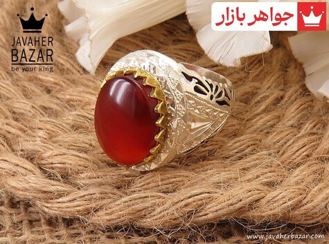 انگشتر نقره برنج عقیق یمنی قرمز طرح اشرافی مردانه دست ساز - 36619