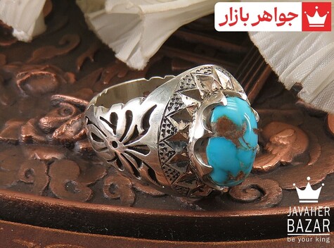 انگشتر نقره فیروزه نیشابوری شاهانه مردانه دست ساز - 36631