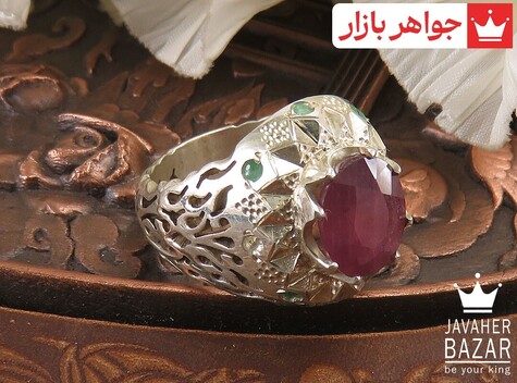 انگشتر نقره یاقوت آفریقایی و زمرد زامبیا شاهانه مردانه دست ساز - 36632