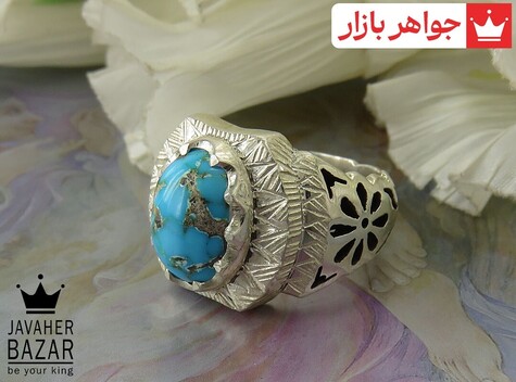 انگشتر نقره فیروزه نیشابوری طرح اشرافی مردانه دست ساز