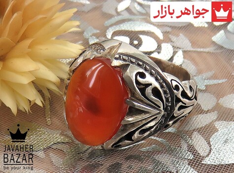 انگشتر نقره عقیق یمنی نارنجی مرغوب مردانه دست ساز - 37130