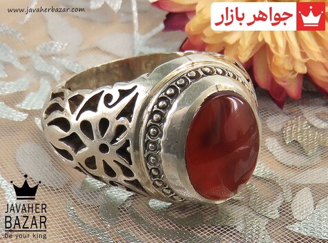 انگشتر نقره عقیق یمنی نارنجی شاهانه مردانه دست ساز - 37135