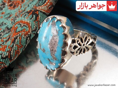 انگشتر نقره فیروزه نیشابوری درشت اشرافی مردانه دست ساز - 39299