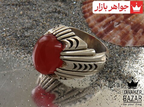 انگشتر نقره عقیق یمنی قرمز الماس تراش مردانه دست ساز - 39954