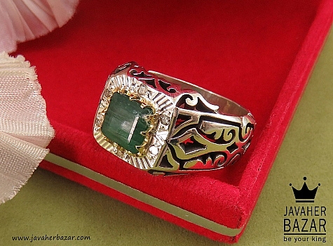 انگشتر نقره برنج زمرد زامبیا لوکس شاهانه مردانه دست ساز با برلیان اصل - 40505