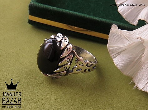 انگشتر نقره عقیق سیاه شاهانه مردانه - 40670