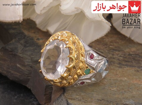 انگشتر نقره در نجف و یاقوت و زمرد الماس تراش مردانه دست ساز