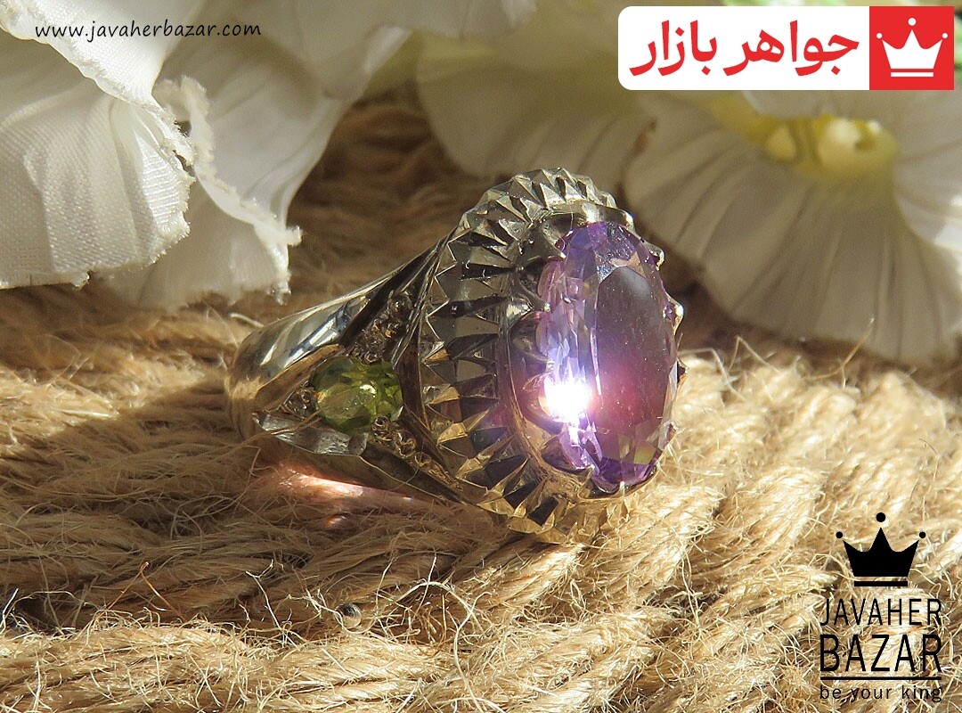 انگشتر نقره آمتیست و زبرجد اشرافی مردانه دست ساز