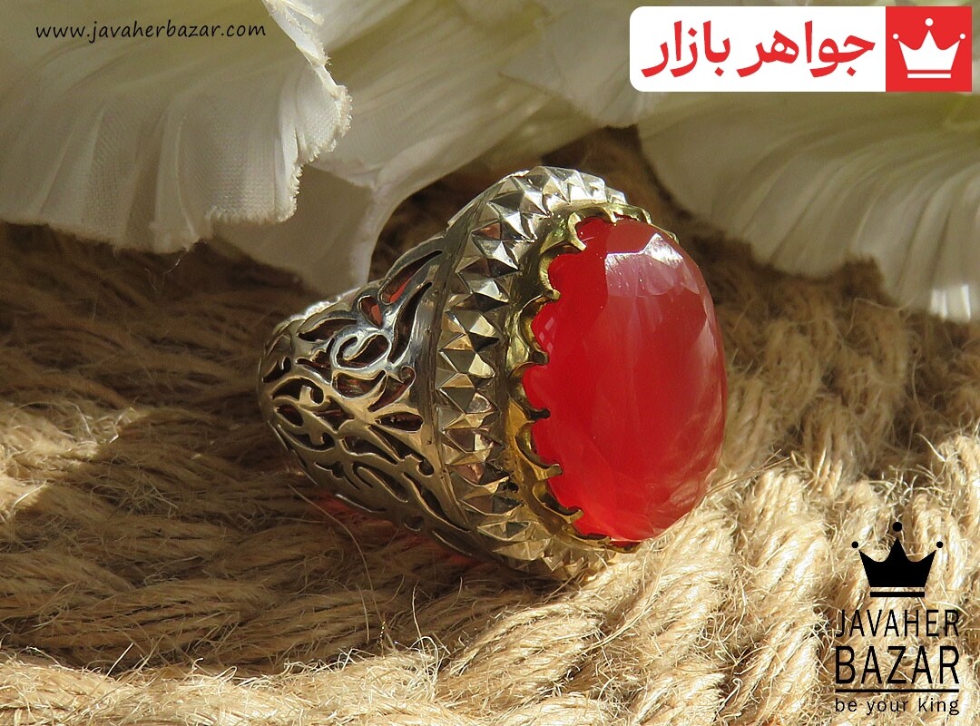 انگشتر نقره برنج عقیق یمنی قرمز الماس تراش مردانه دست ساز