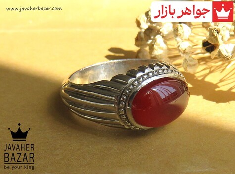 انگشتر نقره عقیق یمنی قرمز خوش رنگ طرح صفوی مردانه دست ساز - 42287