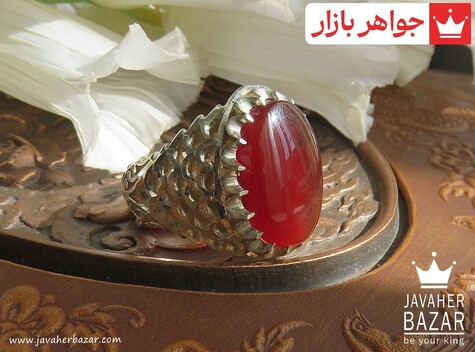 انگشتر نقره عقیق یمنی قرمز رکاب شبکه ای مردانه دست ساز - 42318