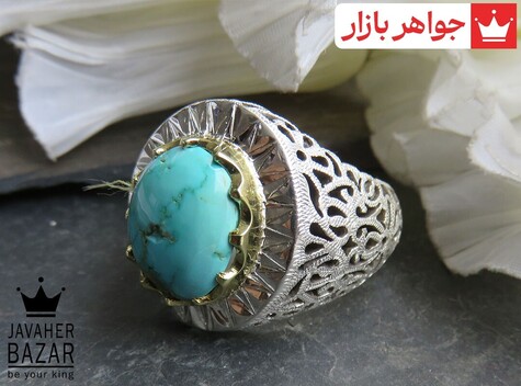 انگشتر نقره برنج فیروزه نیشابوری خوش طبع سلطنتی طرح آینه کاری مردانه دست ساز - 43233