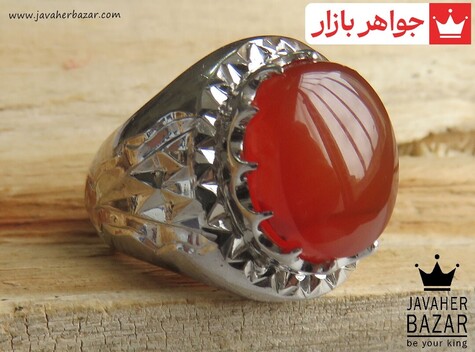 انگشتر نقره عقیق یمنی قرمز شاهانه مردانه دست ساز - 47324