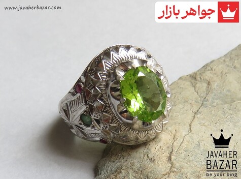 انگشتر نقره زبرجد و یاقوت شاهانه مردانه - 48748
