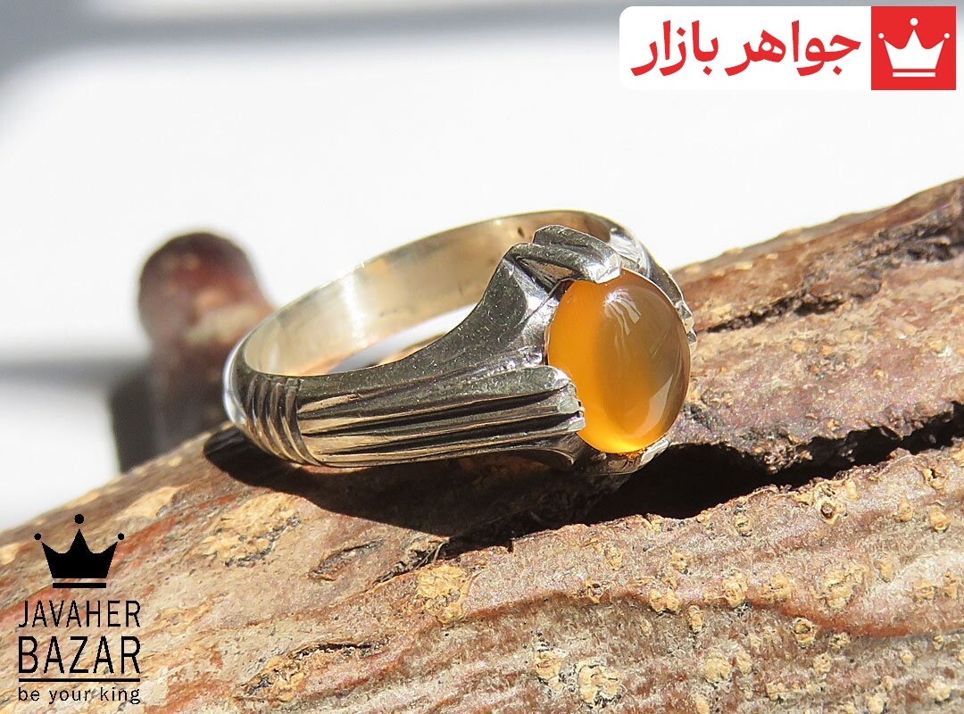 انگشتر نقره عقیق یمنی نارنجی چهارچنگ مردانه