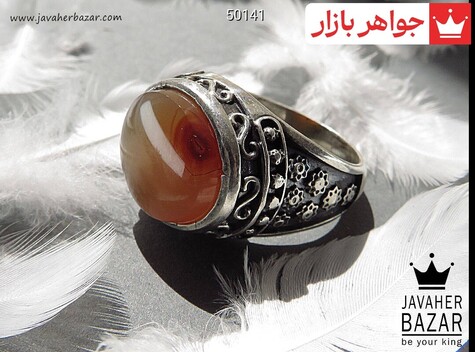 انگشتر نقره عقیق یمنی نارنجی طرح صفوی مردانه - 50141