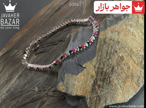 دستبند نقره زمرد و یاقوت سرخ طرح اشرافی زنانه - 50862