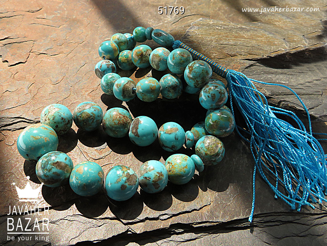 تسبیح فیروزه کرمانی 33 دانه گرد زیبا رنگ تقویت شده