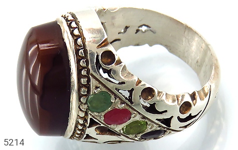 انگشتر نقره عقیق و یاقوت و زمرد و زبرجد درشت جواهری مردانه دست ساز - 5214