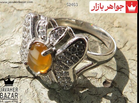 انگشتر نقره عقیق یمنی زرد طرح پروانه زنانه - 52463