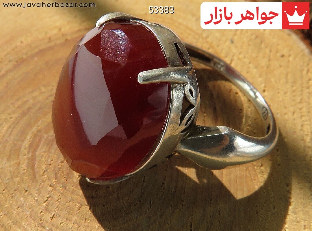 انگشتر نقره عقیق یمنی قرمز مرغوب الماس تراش زنانه