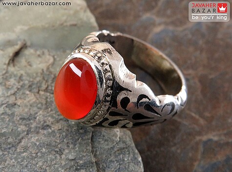 انگشتر نقره عقیق یمنی قرمز طرح سنتی مردانه دست ساز - 54277
