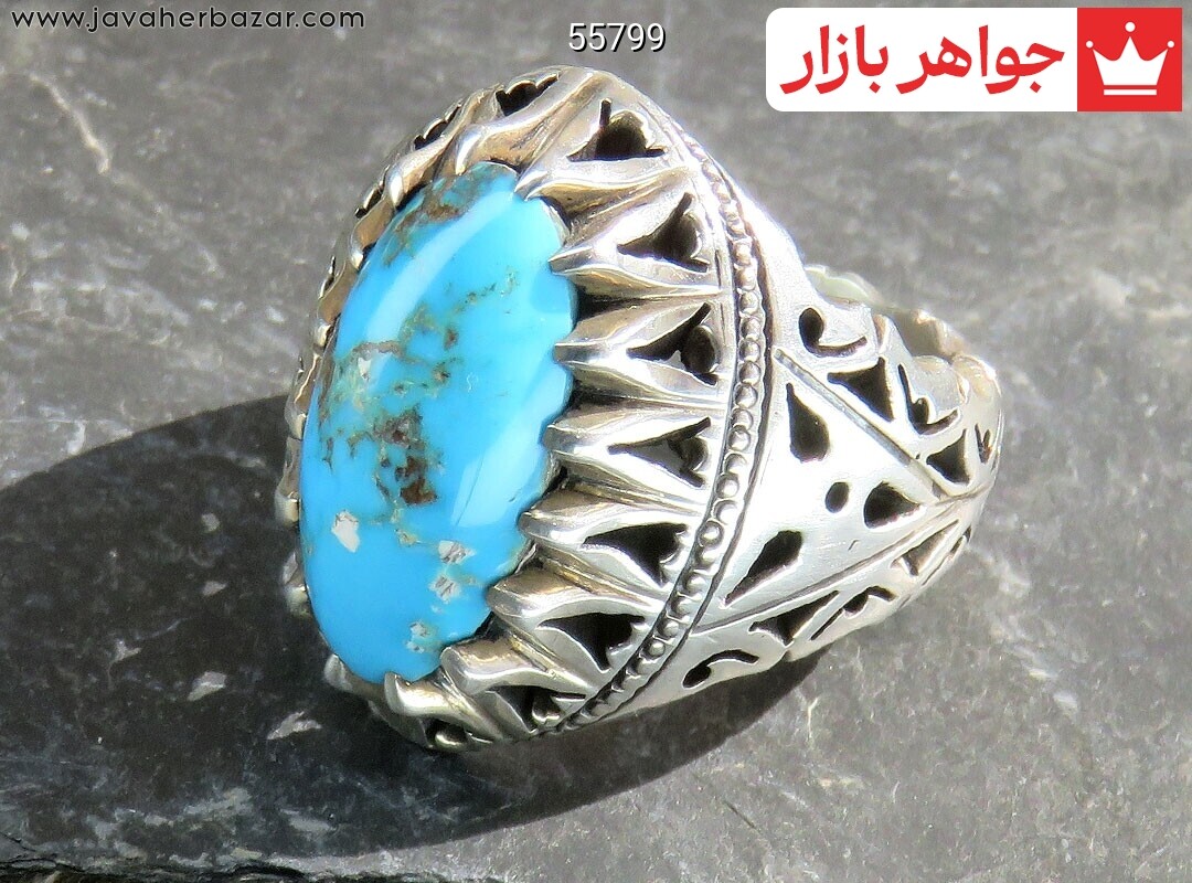 انگشتر نقره فیروزه نیشابوری درشت شاهانه مردانه دست ساز