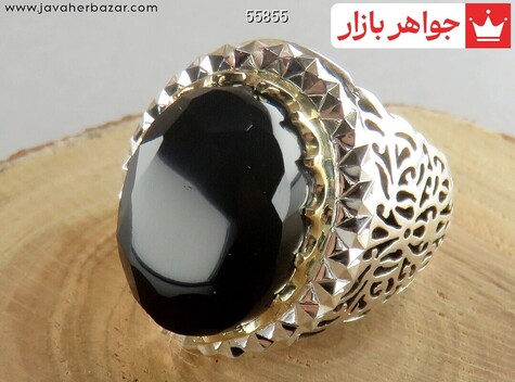 انگشتر نقره برنج عقیق یمنی سیاه خوش تراش طرح شاهانه مردانه دست ساز - 55855