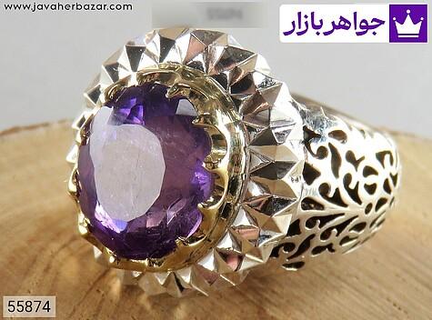 انگشتر نقره برنج آمتیست بی نظیر مردانه دست ساز - 55874