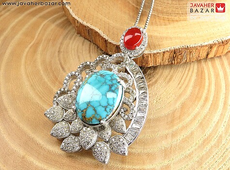 پلاک نقره فیروزه نیشابوری و عقیق یمنی طرح اشرافی - 57215