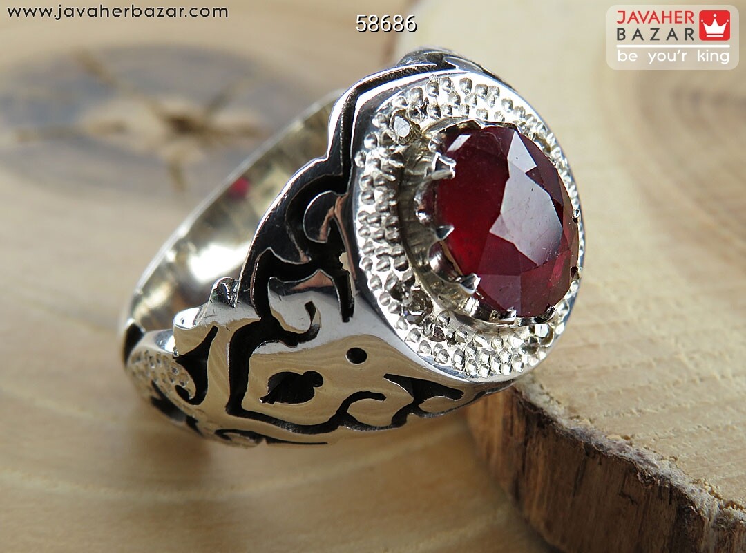 انگشتر نقره یاقوت آفریقایی قرمز الماس تراش شاهانه مردانه دست ساز با برلیان اصل