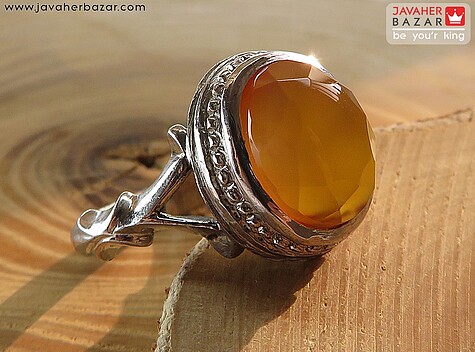 انگشتر نقره عقیق یمنی نارنجی خوش رنگ الماس تراش مردانه - 58881