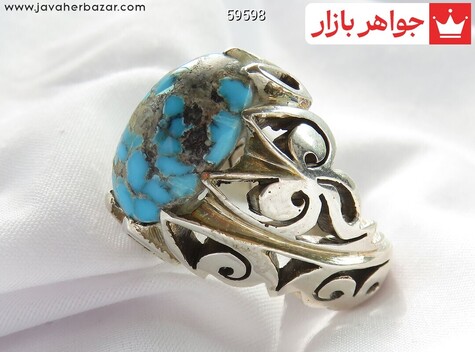 انگشتر نقره فیروزه نیشابوری درشت دورچنگ مردانه دست ساز