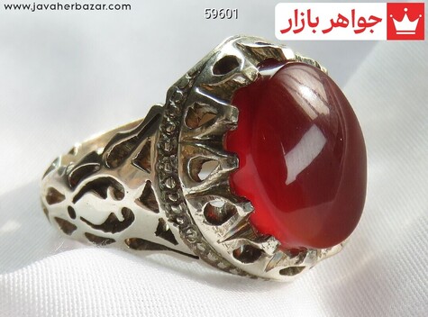 انگشتر نقره عقیق یمنی قرمز دورچنگ مردانه دست ساز - 59601
