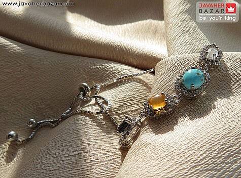 دستبند نقره یاقوت و در نجف و فیروزه نیشابوری و عقیق یمنی زیبا زنانه - 59937