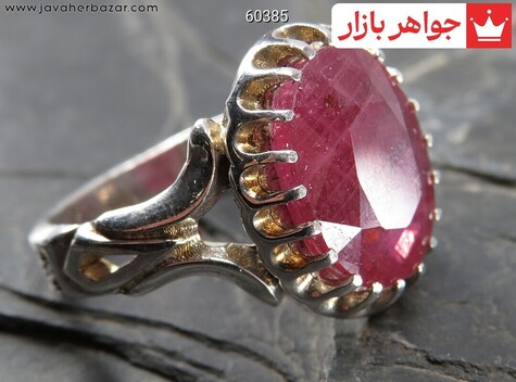 انگشتر نقره یاقوت آفریقایی قرمز الماس تراش مردانه - 60385