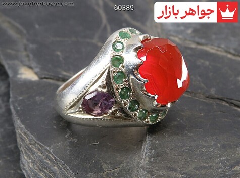 انگشتر نقره زمرد و یاقوت و آمتیست و عقیق یمنی الماس تراش کبود مردانه دست ساز - 60389