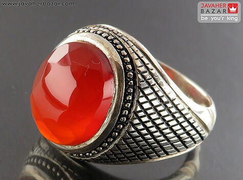 انگشتر نقره عقیق یمنی قرمز الماس تراش مردانه دست ساز - 63299