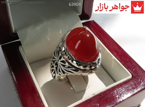 انگشتر نقره عقیق یمنی قرمز لوکس برجسته طرح لامپی مردانه دست ساز
