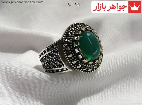 انگشتر نقره عقیق سبز درشت جذاب مردانه - 64185