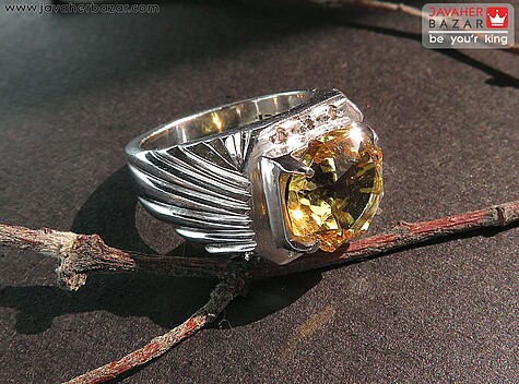 انگشتر نقره سیترین تراش الماس مردانه دست ساز با برلیان اصل - 64416