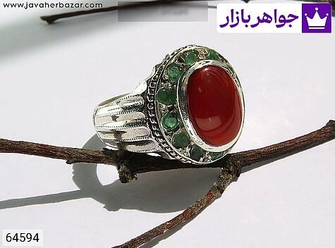 انگشتر نقره عقیق یمنی قرمز دور زمرد مردانه دست ساز - 64594