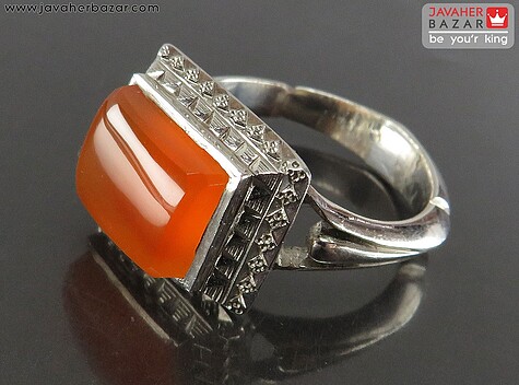 انگشتر نقره عقیق یمنی نارنجی پرتقالی دور آینه کاری مردانه دست ساز - 65348