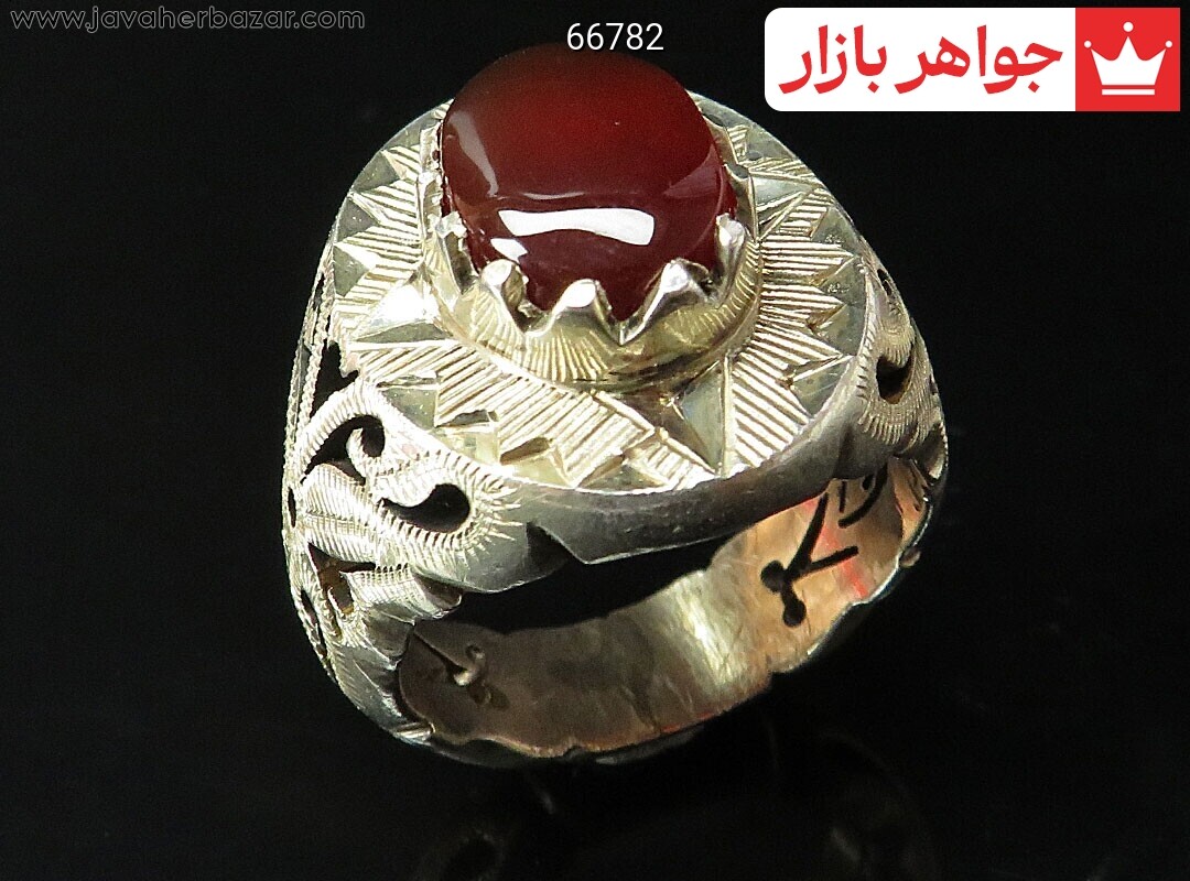 انگشتر نقره عقیق یمنی قرمز دور آینه کاری مردانه دست ساز