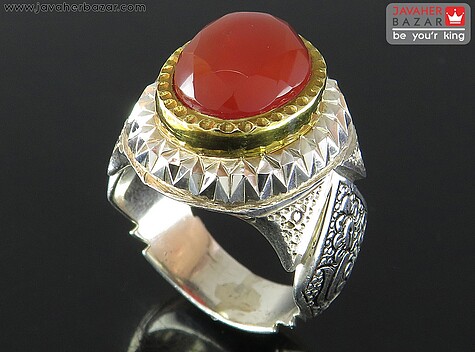 انگشتر نقره عقیق یمنی قرمز الماس تراش مردانه دست ساز با برلیان اصل - 70323