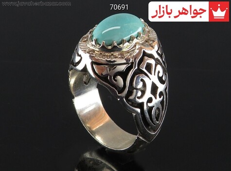 انگشتر نقره فیروزه نیشابوری مردانه دست ساز با برلیان اصل - 70691